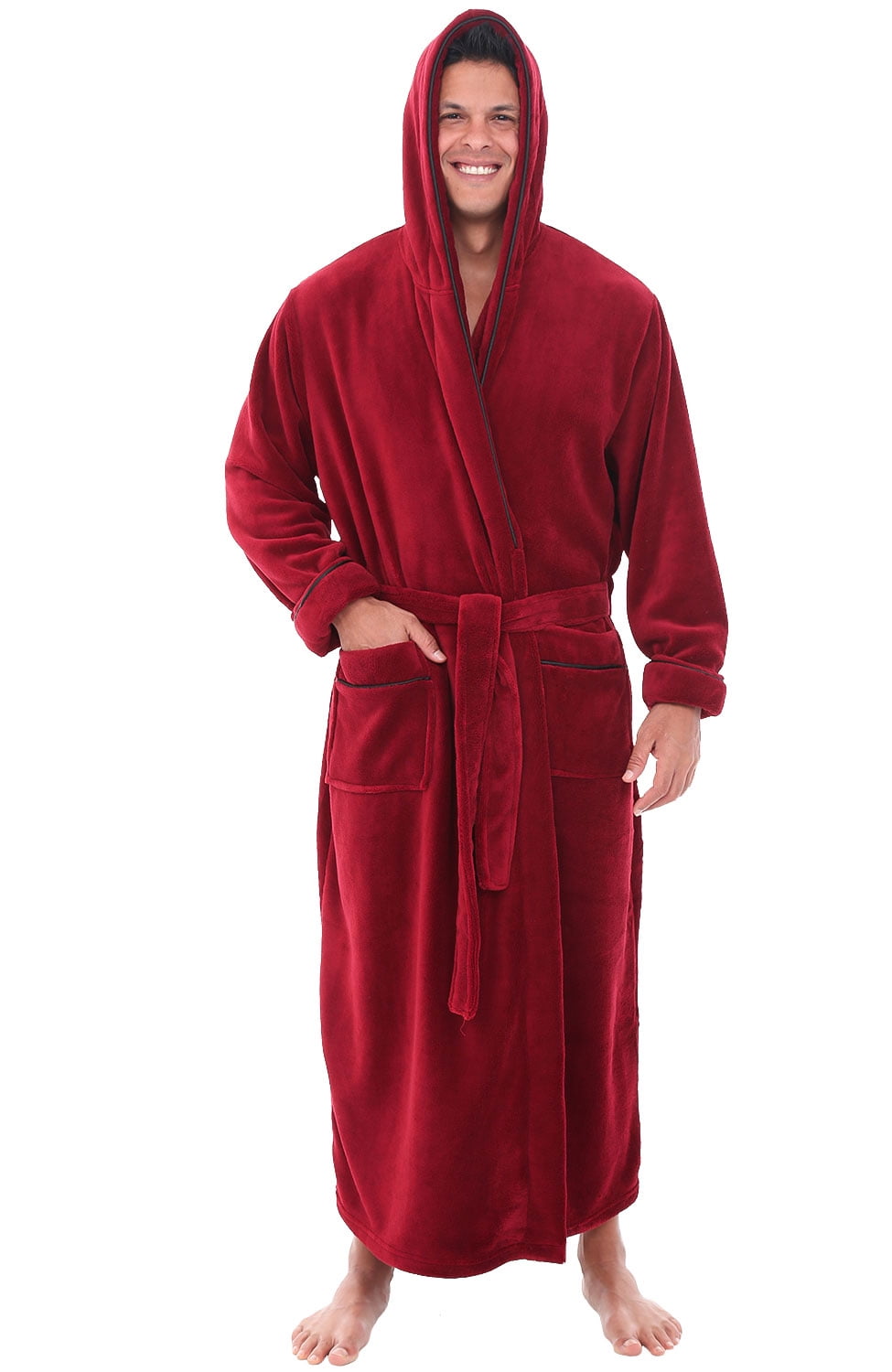 Alexander Del Rossa Men's Warm Fleece Robe with Hood Solid Color Big and Tall Bathrobe