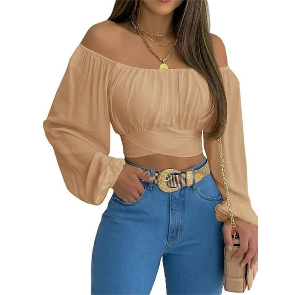 Solid Color Long Sleeved Women Off Shoulder Crop Tops Sexy Blouse