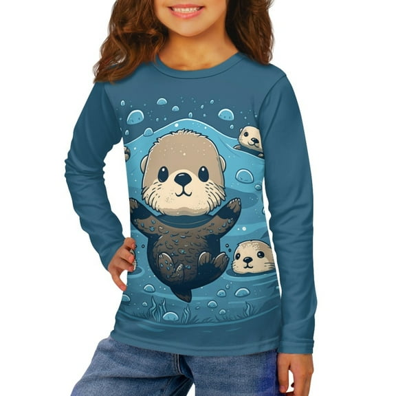 Jiueut Sea Otter Graphic Tees for Girls Long Sleeve Shirts 3-4 Little Girl Shirts Plus Size Clothing First Day of 3Rd Grade Shirt for Girls Long Sleeve T-Shirts for Various Occasions