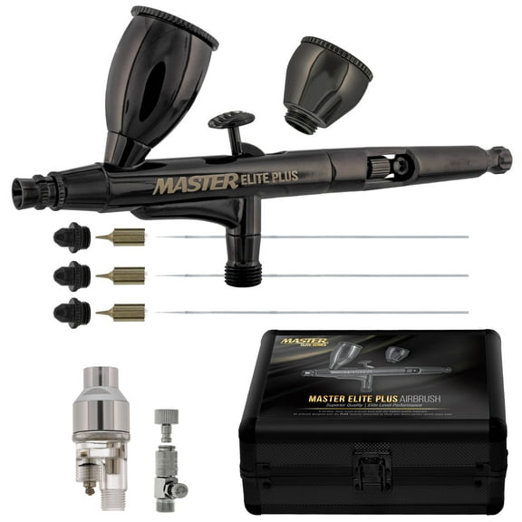 Master Elite Plus Ultimate Airbrush Set, Model 120 - Elite Level Spray Performance Dual-Action Gravity Feed Airbrush Kit with 3 Tips 0.2, 0.3 and 0.5 mm, 2 Cups, Filter, Case - Auto Art Cake