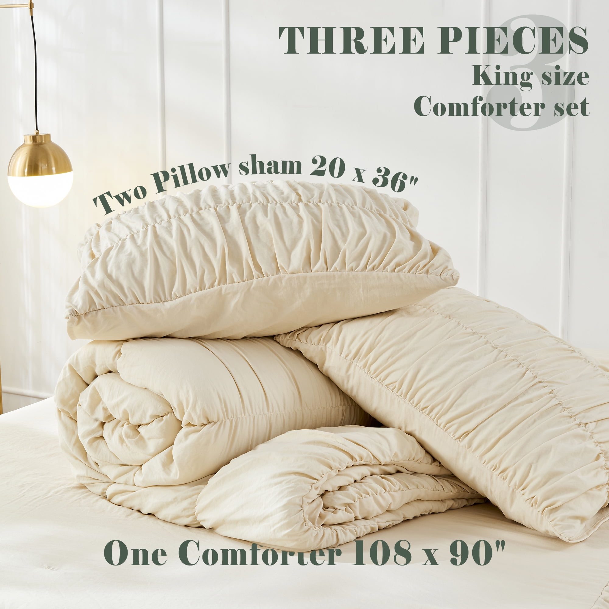 Bonlino Bedding Comforter Set King Bed - 3 Pieces Farmhouse Ruched Comforter King Size Bed Set Boho Shabby Chic Bedding for Bedroom, Fluffy Ruffle Comforter with 2 Pillow Shams (Wheat, King)