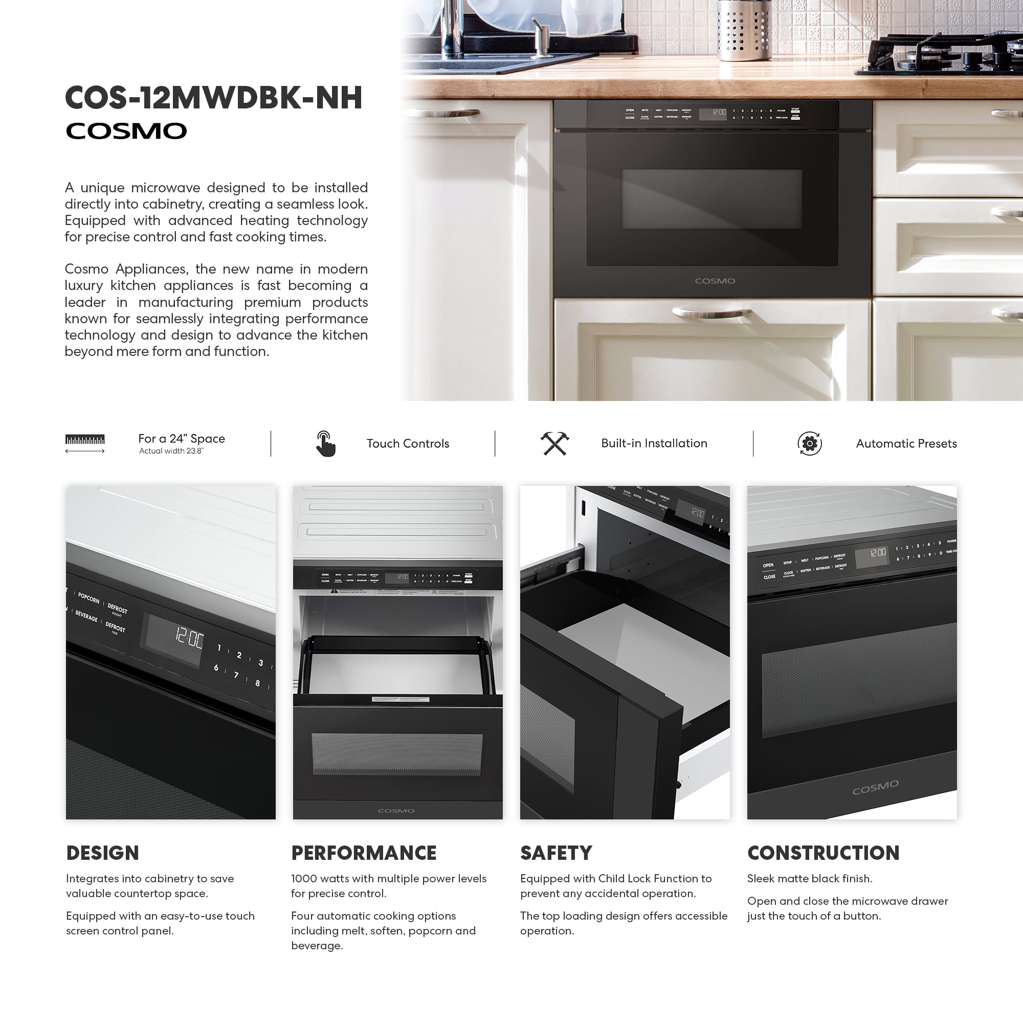 Cosmo 24 in. Haven Collection 1.2 cu. ft. Built-in Microwave Drawer, 1000W, Touch Controls, Defrosting Rack in Matte Black