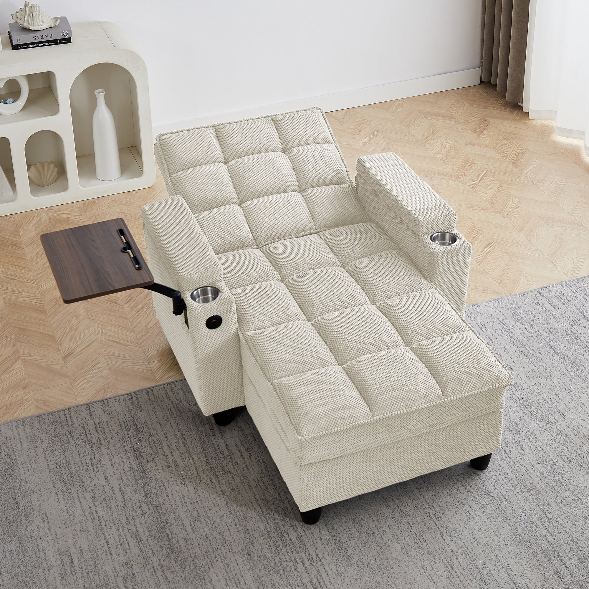 Gewnee 3-in-1 Convertible Sleeper Chair, Pull Out Single Sofa Bed with Adjustable Backrest, 360° Swivel Side Table, USB Charging Ports & Cup Holders, Ideal for Dorms & Offices, Beige