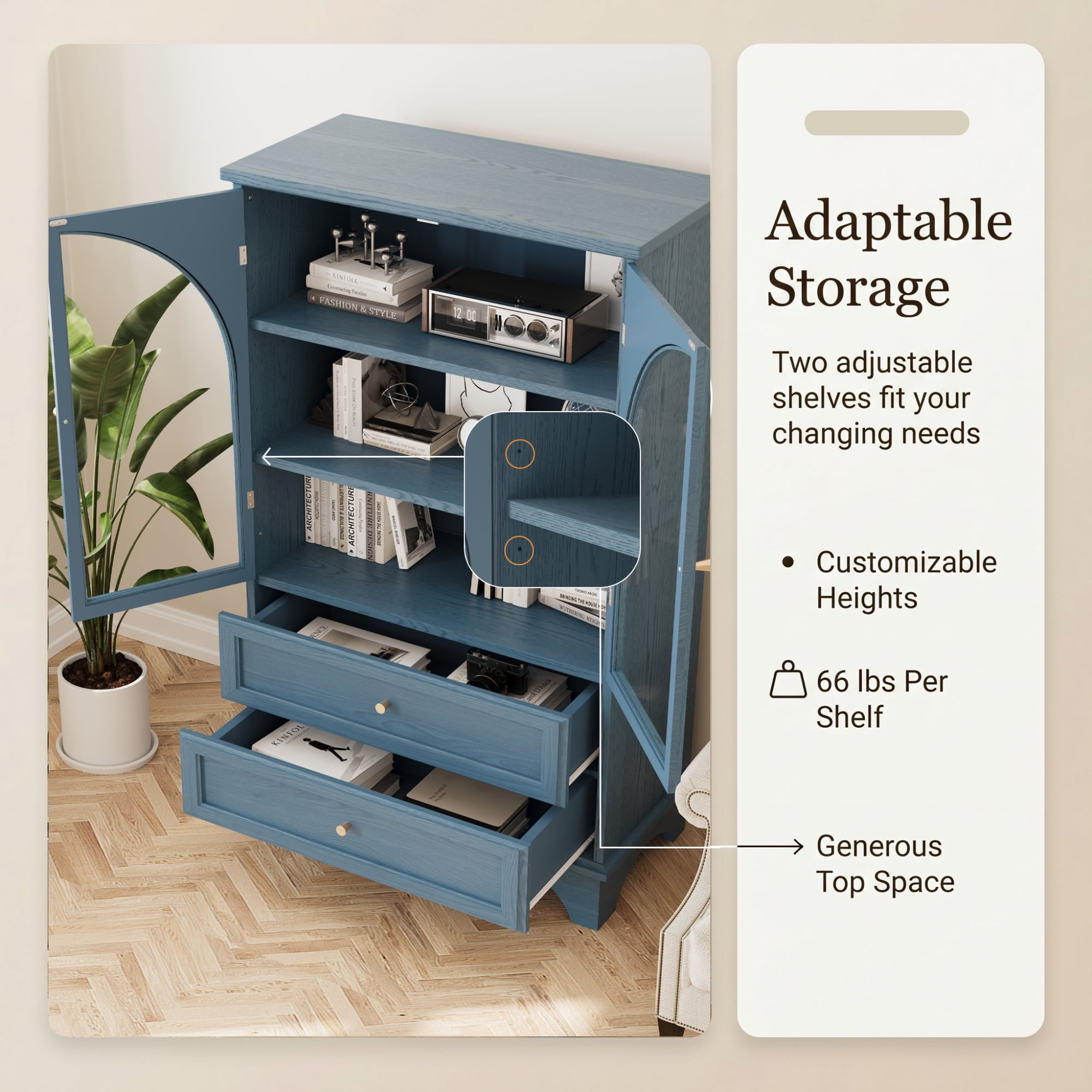 Leumius 52.17"H Glass Door Display Case Storage Cabinet with 2 Drawers and Adjustable Shelf, Spacious Storage Solutions, Curio Cabinet for Living Room, Bedroom, Kitchen and Office Blue