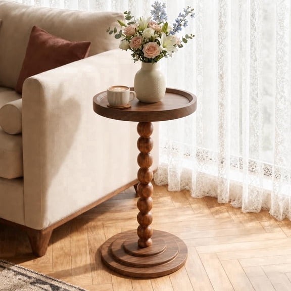 HDUTNGISN Round Side Table for Small Spaces,Modern Coffee End Table with Soild Wood Leg,Anthropologie Furniture,Solid wood,Brown