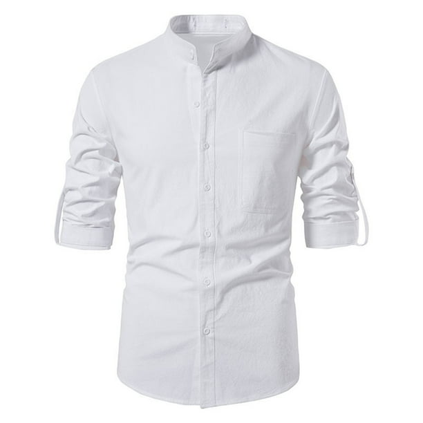 Camisa de lino y algodón para hombre de primavera y verano, camisa informal de manga larga con cuello levantado Pompotops oipoqjl47517