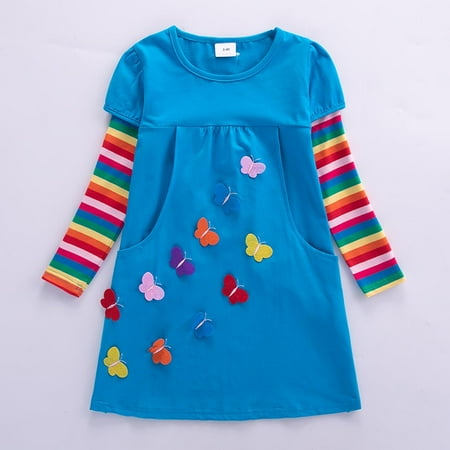 

Leutsin Autumn Children s Girl s Clothing Long Sleeve Butterfly Embroidery Rainbow Two Pocket Dress