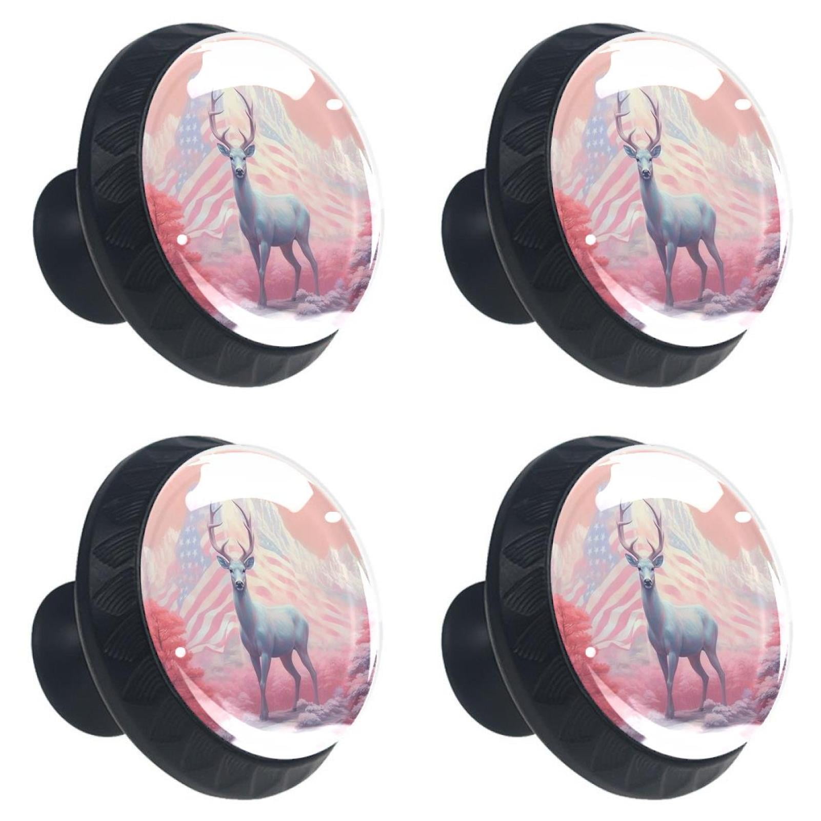 4 Pcs Deer and American Flag Knobs for Kitchen Cabinet Cupboard Dresser Bookcase Drawer Pulls Handles Round Home Decor