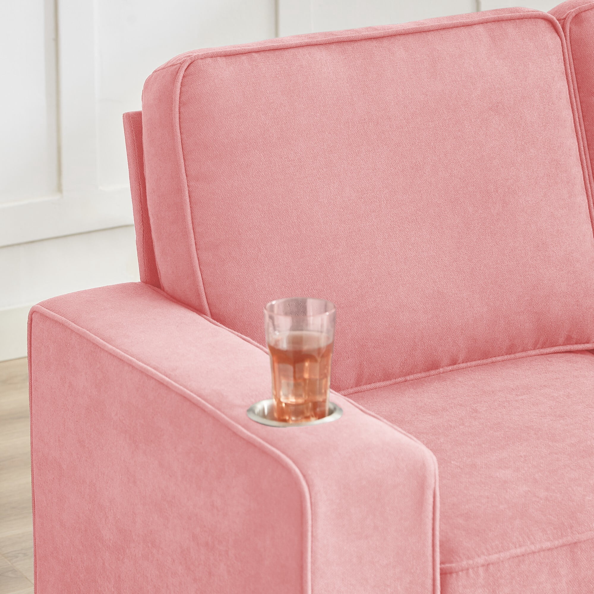 DEALTOPS 84" Modern Ice & Snow Velvet 3-Seater Sofa — Cozy Living Room Couch with Built-in Cup Holders, Pink