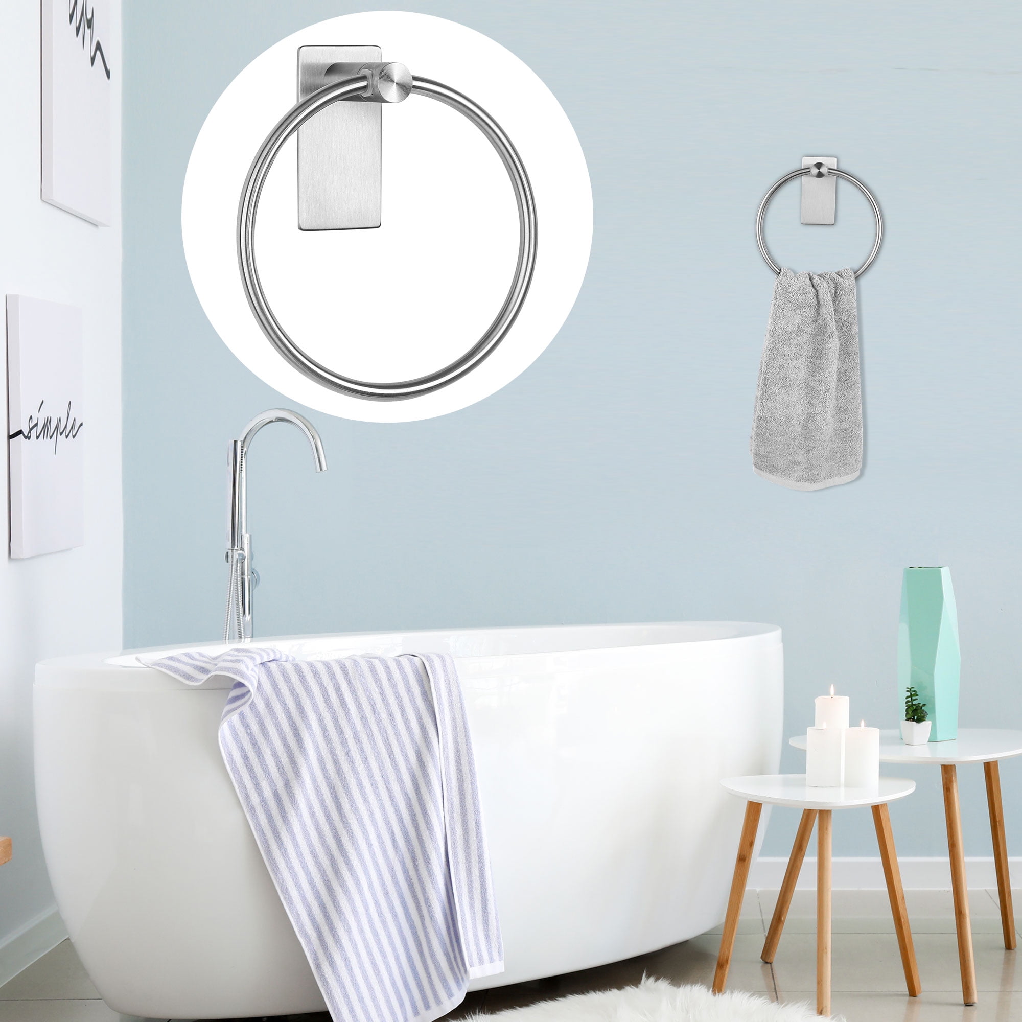 Unique Bargains Towel Ring Wall Mount Stainless Steel with Adhesive Towel Rack 5.5" Silver
