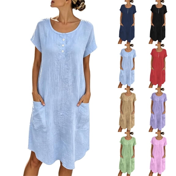 Sundresses for Women Round Neck Ruched Waist Dress Women's Summer Solid Color Casual Round Neck Short Sleeved Dress Black L