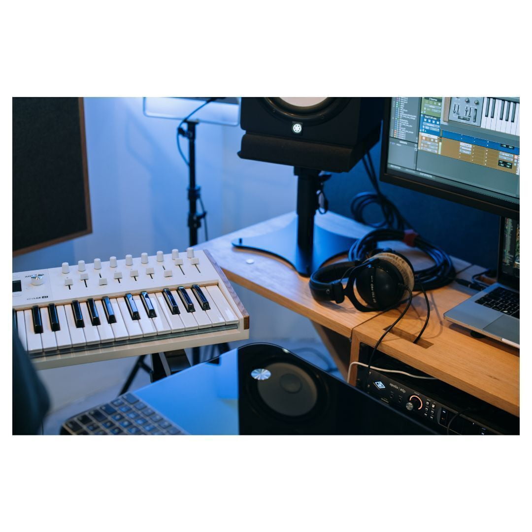 Arturia KeyLab Mk3 61 Keyboard MIDI Controller with DAW Integration and Enhanced Keybed (White) Bundle with Keyboard Piano Style Sustain Pedal, Keyboard Dust Cover, and 10 Feet MIDI Cable (4 Items)