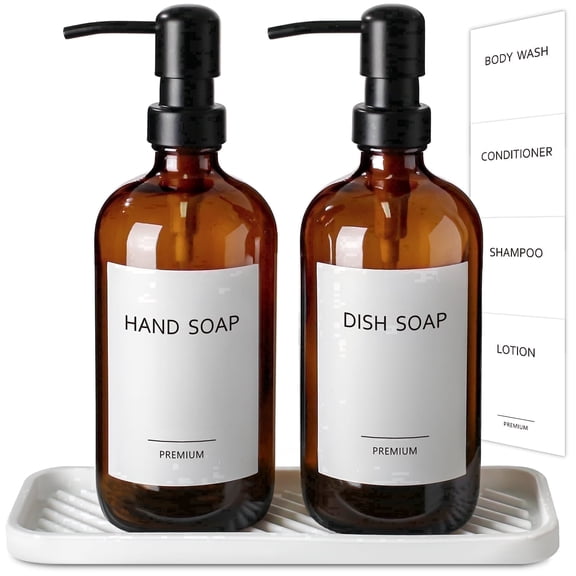 GM GMISUN Kitchen Glass Soap Dispenser Set with Tray, 16 oz Amber Lotion and Conditioner Bottles for Kitchen and Bathroom