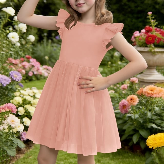 Vestido de princesa con volantes, cuello redondo y manga corta para niña, primavera y verano