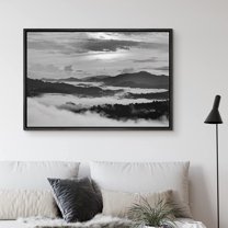 PixonSign Framed Canvas Print Wall Art Mist and Mountain Peaks Nature Wilderness Photography Realism Rustic Relax/Calm Grey Dark Black and White for Living Room, Bedroom, Office - 16"x24" Black