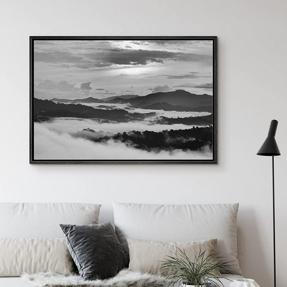 PixonSign Framed Canvas Print Wall Art Mist and Mountain Peaks Nature Wilderness Photography Realism Rustic Relax/Calm Grey Dark Black and White for Living Room, Bedroom, Office - 16"x24" Black