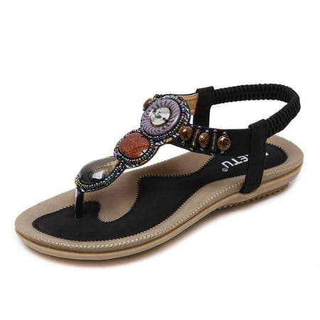

1PC Women s Boho Style Flat Sandals Open Toe Round Toe Elastic Ankle Strap Comfy Sandals Women s Flip Flop Footwear for Holiday
