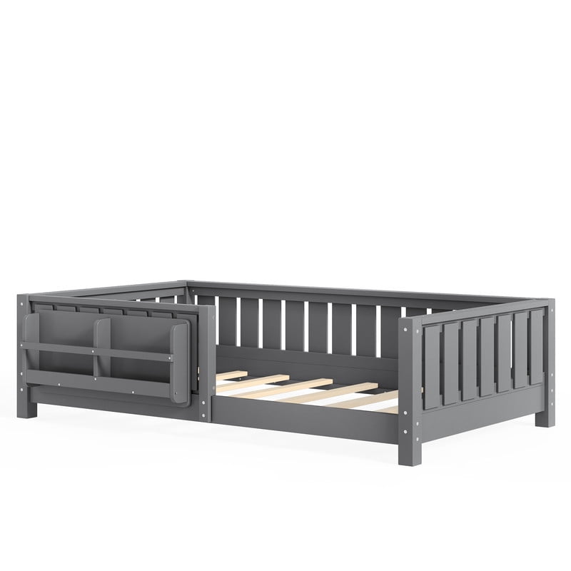 URTR Twin Size Montessori Floor Bed with Storage Bookshelf and High-Quality Safety Guardrail, Wooden Twin Floor Bed Frame, Wooden Platform Bed, Low Profile Twin Bed with Fence and Headboard, Gray