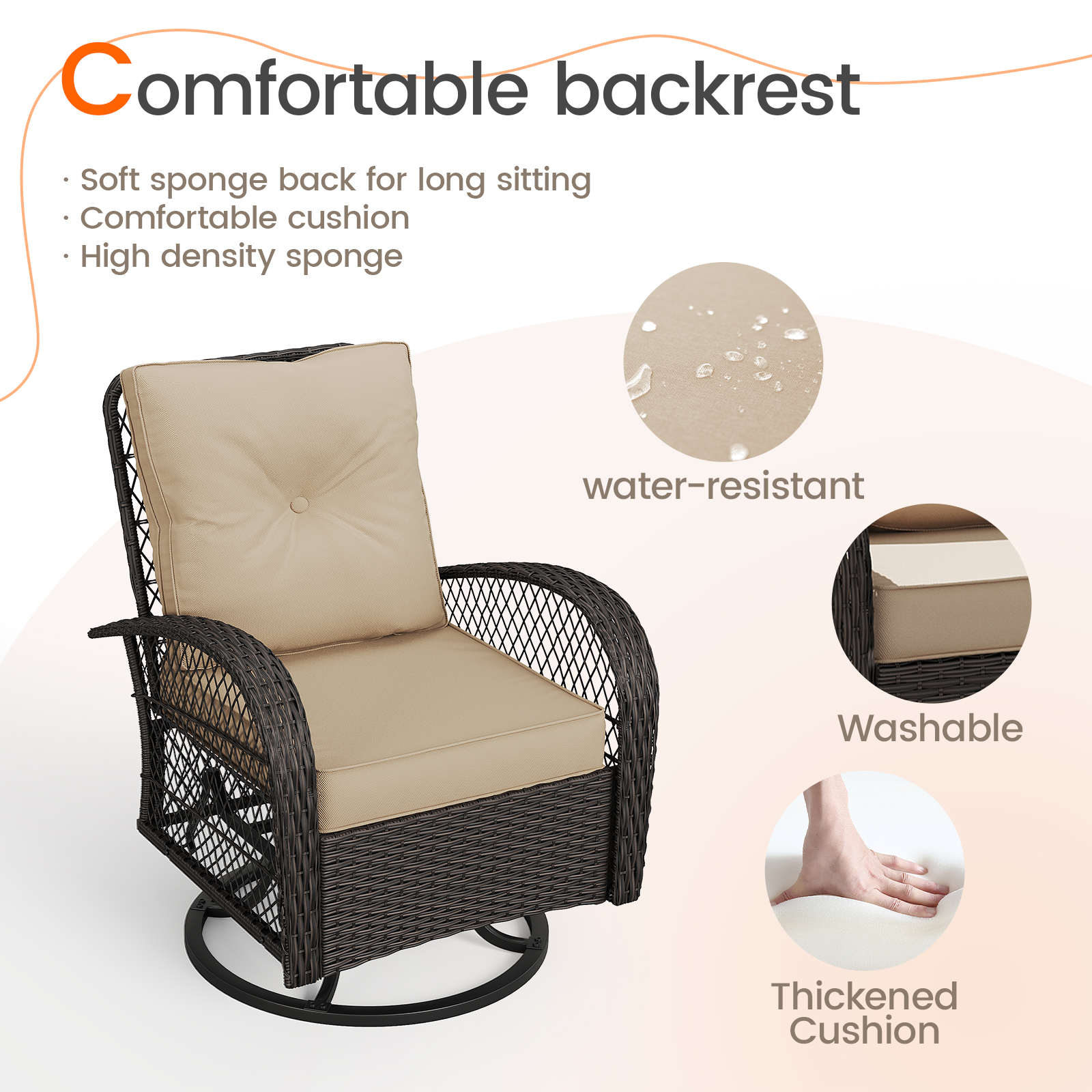 MRUAKA 3 Pieces Patio Furniture Set, Outdoor Swivel Gliders Rocker, Wicker Patio Bistro Set with Rattan Rocking Chair, Glass Top Side Table and Thickened Cushions for Porch Deck Backyard(Khaki)