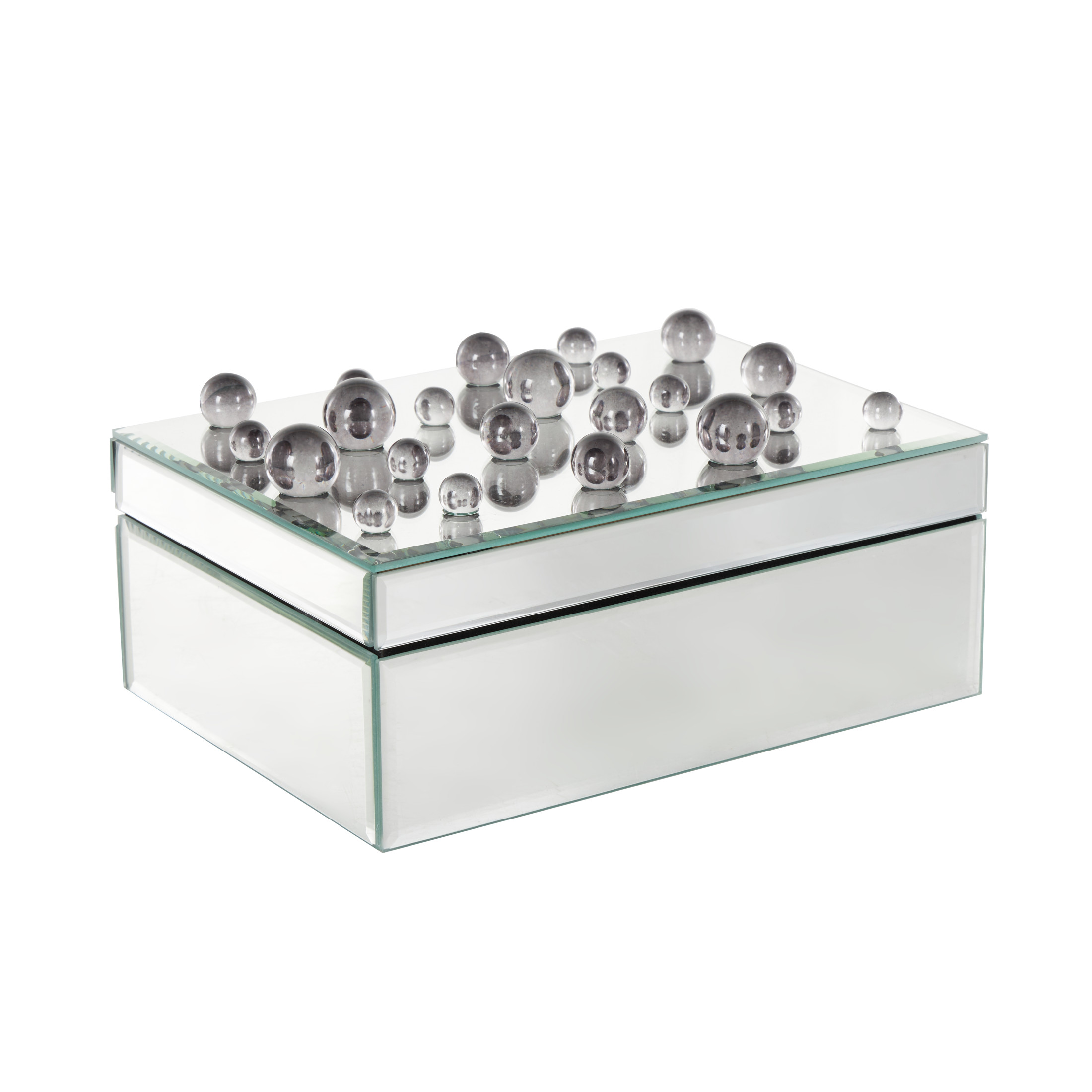 DecMode Mirrored Silver Glass Decorative Jewelry Box with Black Bubble Textured Balls