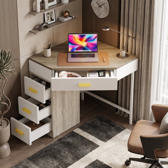 Fnova Corner Desk for Small Space, Triangle Computer Desk with 3 Drawers, 90-Degree Makeup Vanity Desk for Home Office, Bedroom (Grey White)