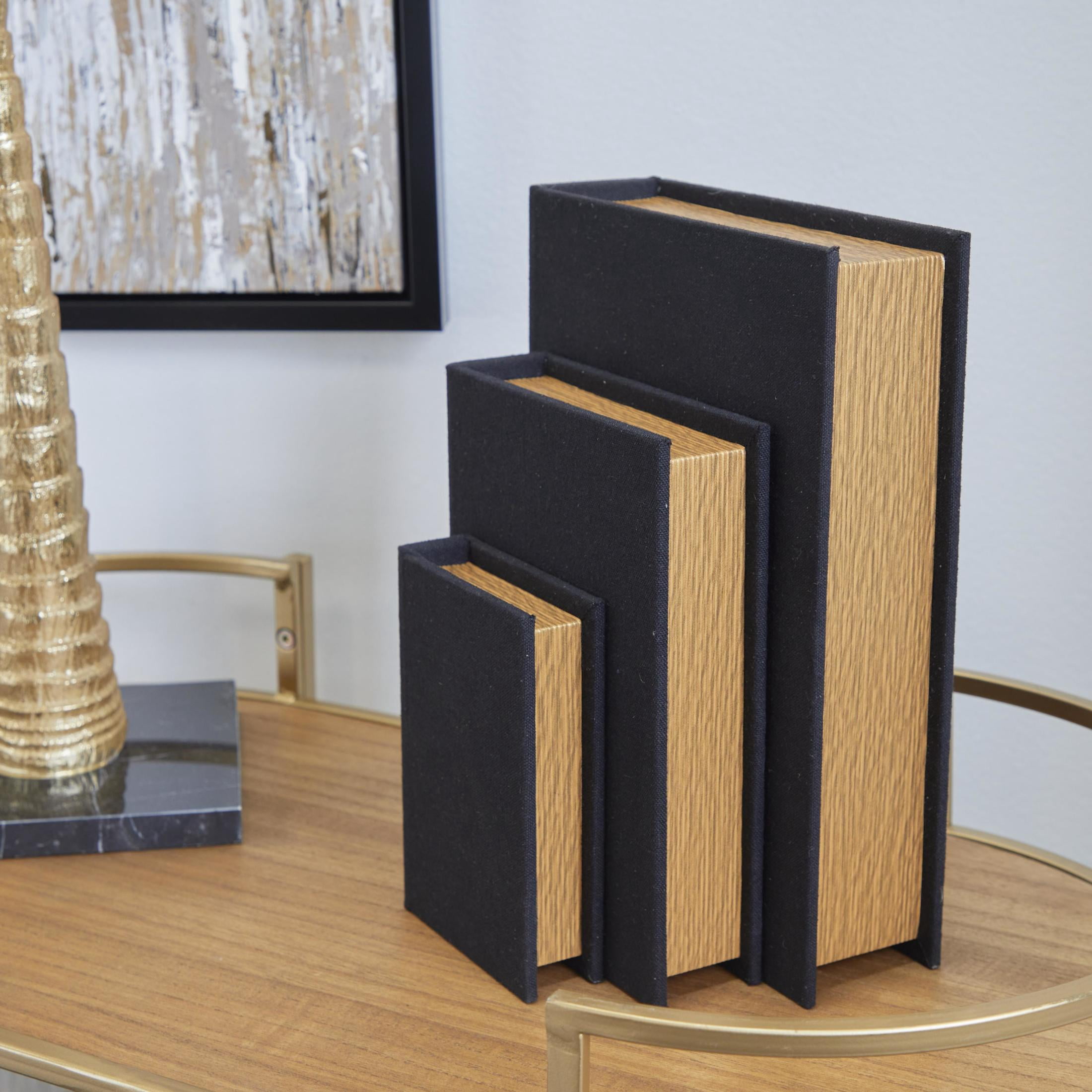 DecMode Textured Faux Book Storage Black Linen Fabric Decorative Box with Gold Page Detailing, 3 Count