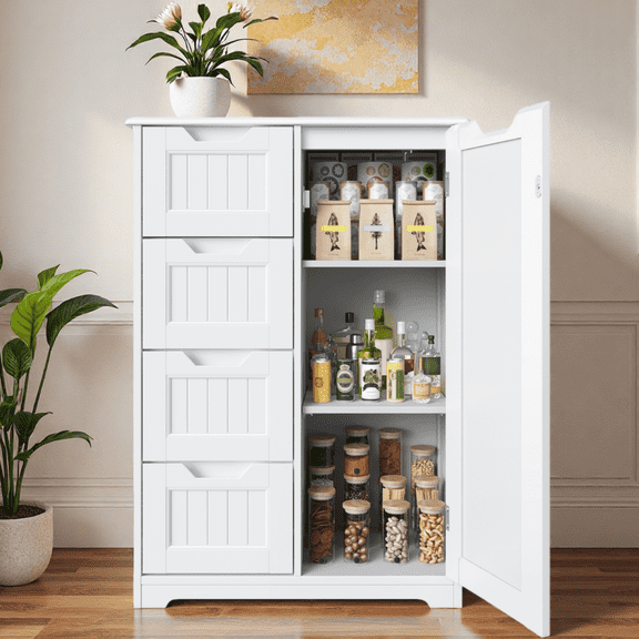 Pantry Cabinet, 33" White Kitchen Pantry Storage Cabinet with 1 Door, 2 Shelves, 4 Drawers for Dining Room|Bedroom