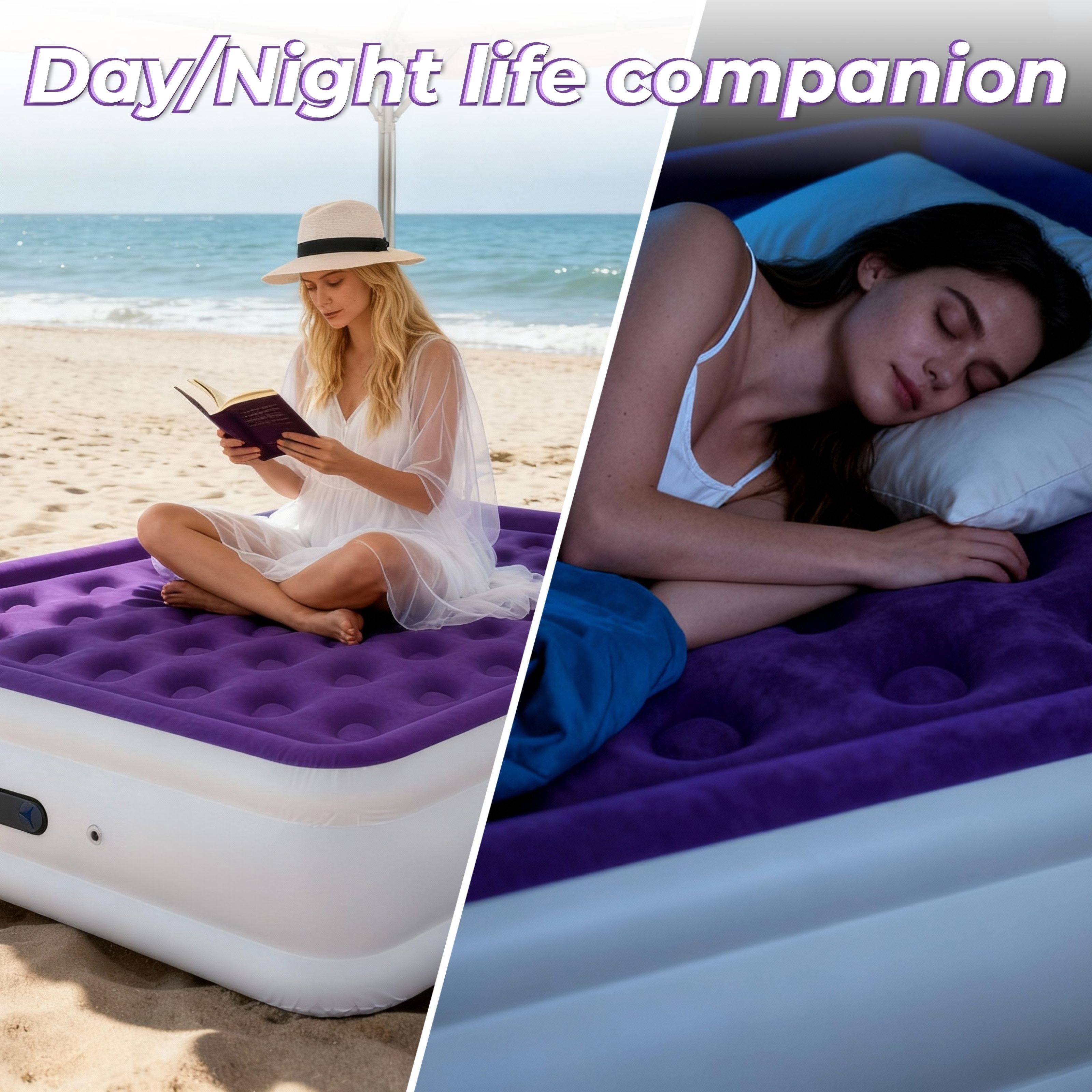 LussoAmor 18" Full Air Mattress with Built-in Pump, 3-Mins Self-Inflation, Blow Up Bed for Camping, Home & Guest, 600lb, Purple