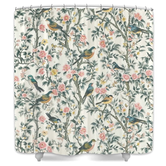 Bird Floral Shower Curtain,Vintage Botanical Bathtub Curtain,69X70 in