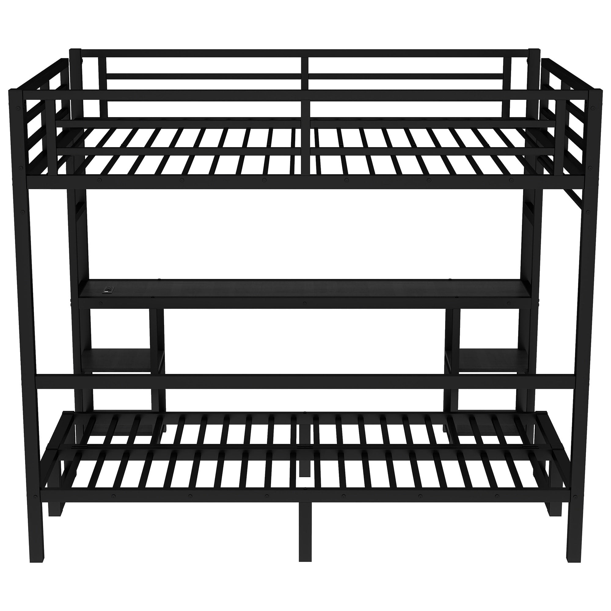 Bunk Bed with Desk, Queen over Twin XL Metal Bed, Loft Bed with Folding Sofa, LED Lights, USB, Storage Shelves, Folding Design, Black for Kids Bedroom Shared Room