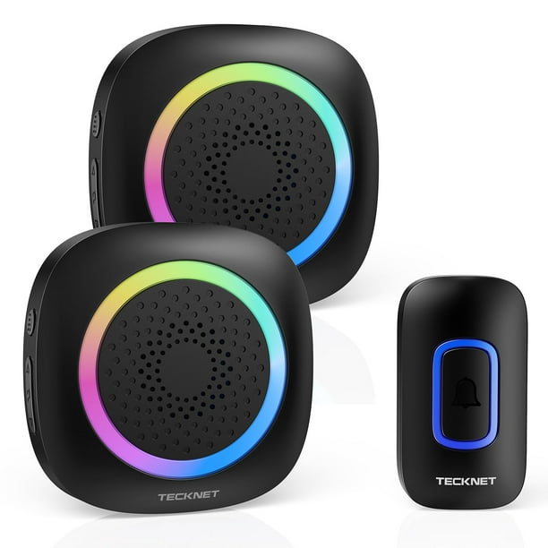 TECKNET Timbre inalámbrico con 2 receptores portátiles, timbre con batería con luz RGB, kit de timbre de puerta impermeable IP66, alcance inalámbrico de 1300 pies, 0-110 dB y 60 timbres, batería de 36