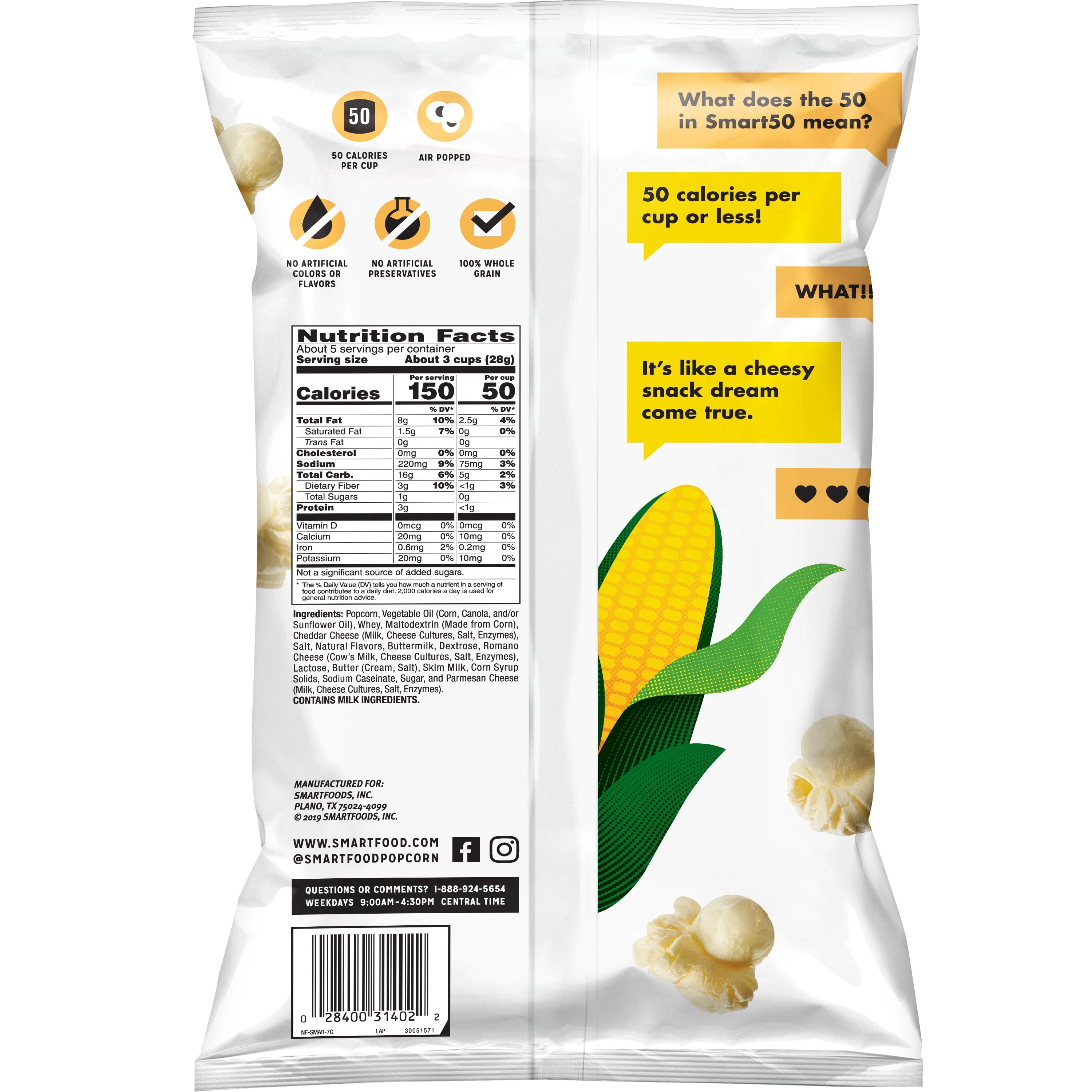 Smartfood Smart50 White Cheddar Popcorn, 5.25 oz Bag