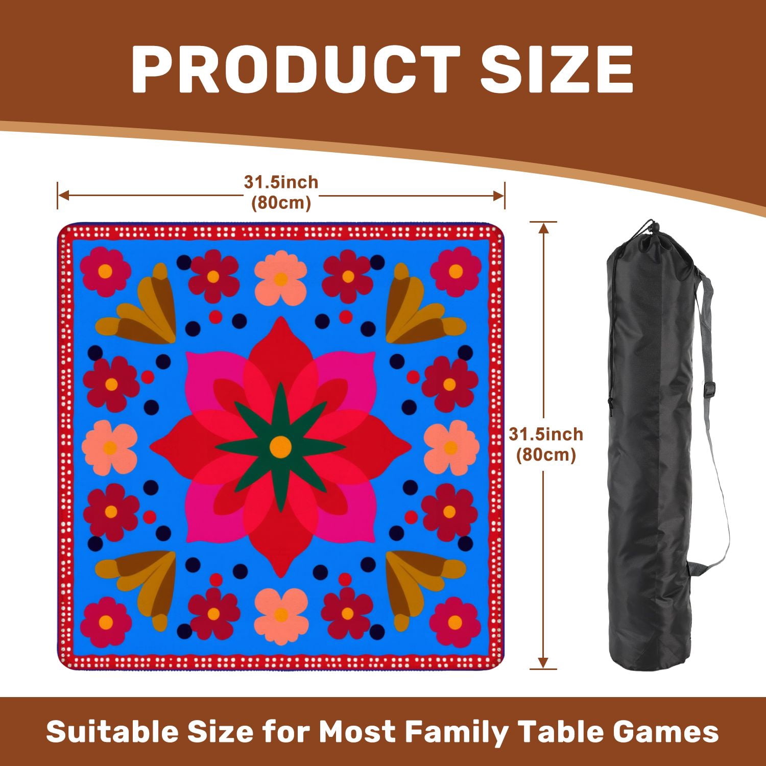 Mahjong Mat 31.5" x 31.5" Colorful Floral Folk Art Bold Geometric Shapes Non-Slip Noise Reduction American Mahjong Tiles Table Cover for Dominoes Poker Card Board Games Gift