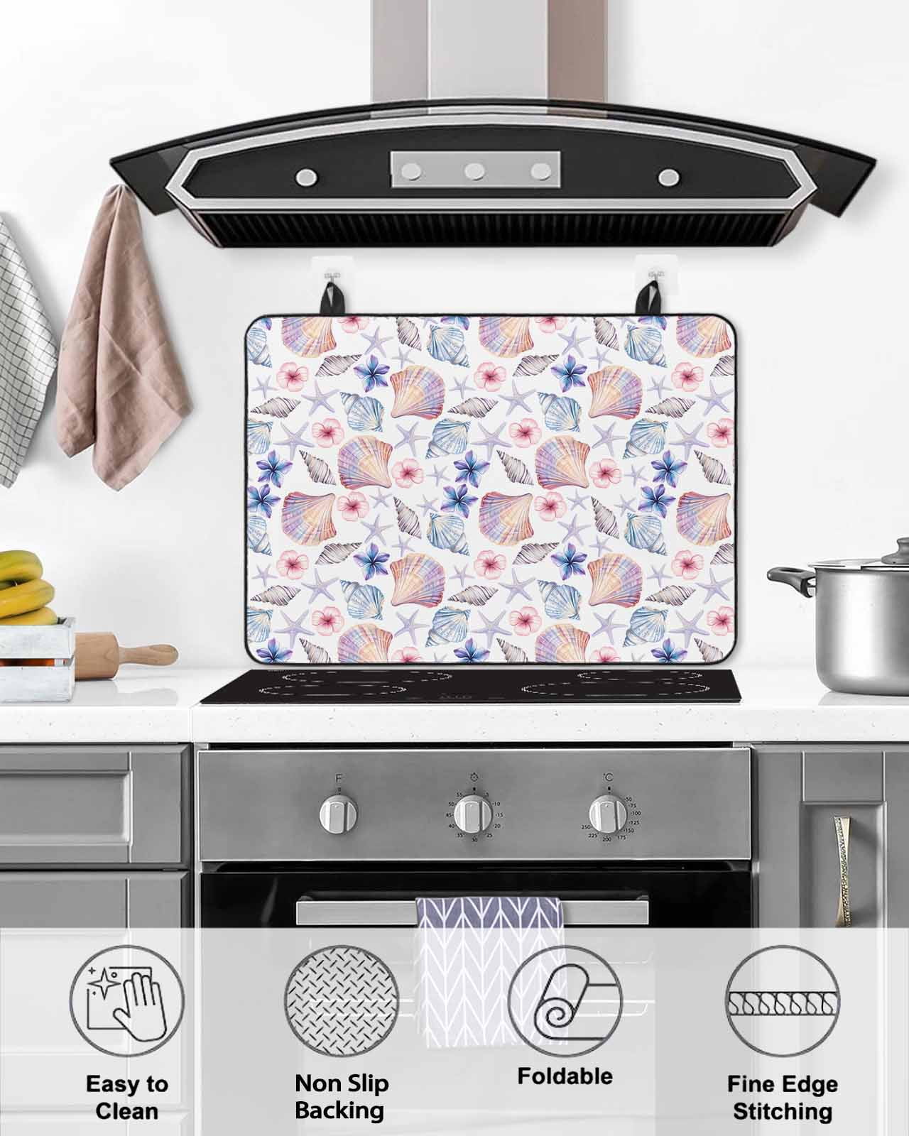 nqOlkjepod Large Induction Cooktop Protector Mat 24"x21", Blue Flower Stove Top Covers for Electric Stove, Summer Coastal Shell Ocean Conch Starfish Stove Burner Cover Mats, Glass Top Stove Cover