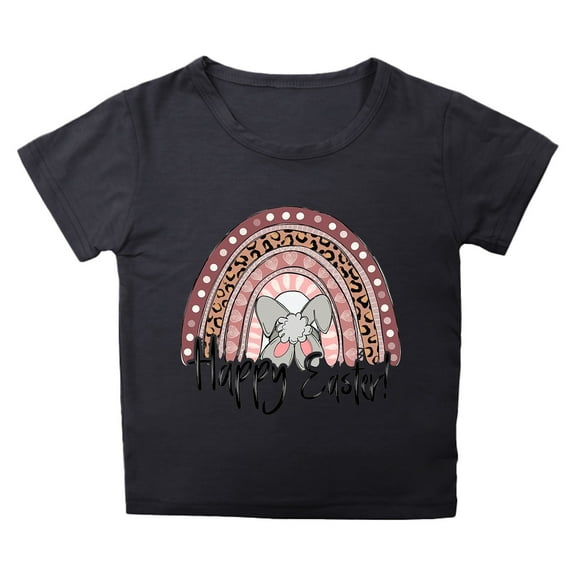 MIXUE Toddler Girls Tops & T-Shirts Kids Summer Easter Bunny Round Neck Petal Sleeve Casual Solid Color Pullover T Shirts Activewear,Black,3-4 Years
