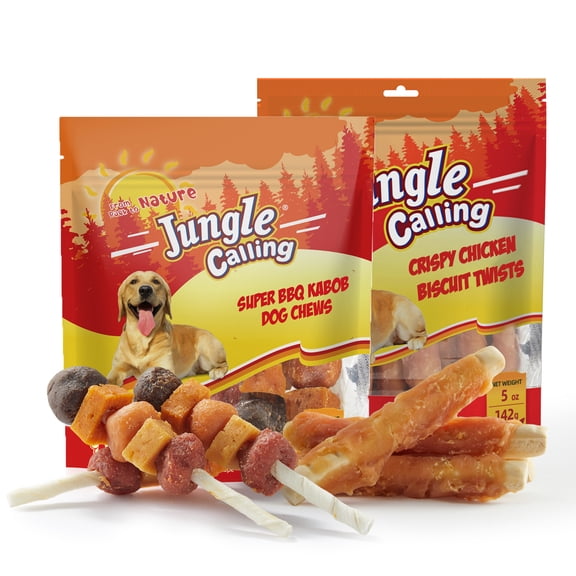 Jungle Calling Dog Treats Variety Pack | Multi-Flavor Meat Kabobs (4.2 oz) Chicken Wrapped Biscuits (5 oz) | Training Rewards