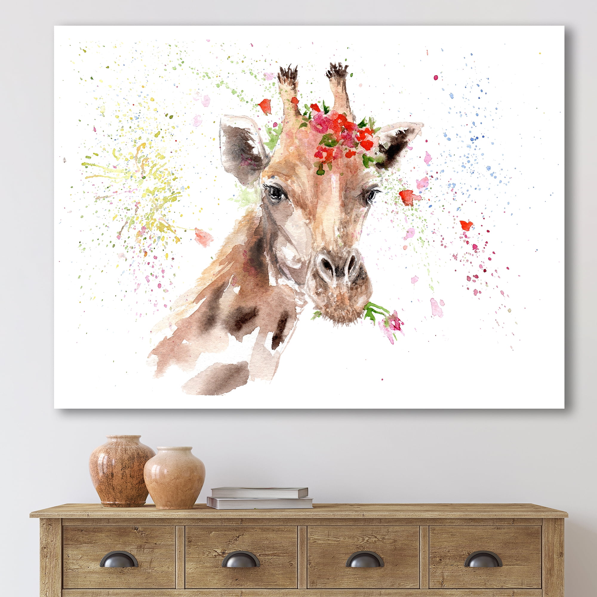 Designart ' Portrait of A Giraffe With Red Flowers II ' Farmhouse Canvas Wall Art Print