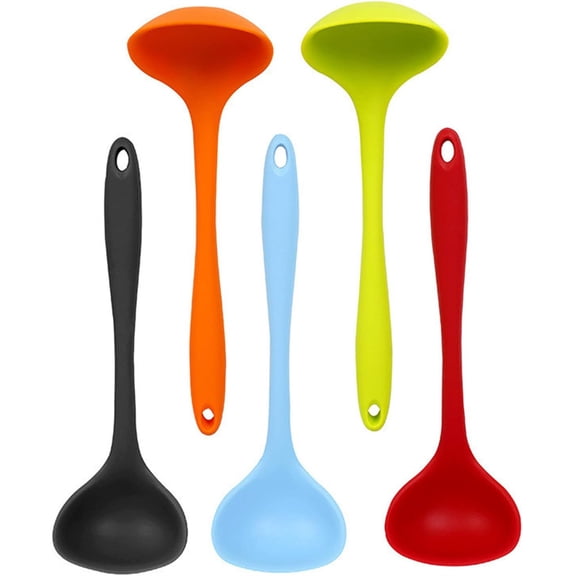 NOGIS Set Of 5 Silicone Soup Ladle Spoons,High Heat Resistant SetNon-Stick Home Spoons Suitable For Serving & Cooking, Red Blue Black Orange Green Silicone, 8.26x2.56inch