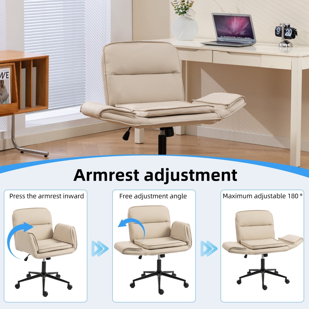 Pawverly cross-over office chair, with wheels, ergonomic swivel design, 5-position adjustable armrests, thick padded backrest, beige PU vanity chair, suitable for home offices and bedrooms.