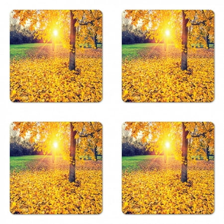 

Forest Coaster Set of 4 Colorful Foliage in the Autumn Park Evening View Natural Inspired Picture Print Square Hardboard Gloss Coasters Standard Size Yellow Green by Ambesonne