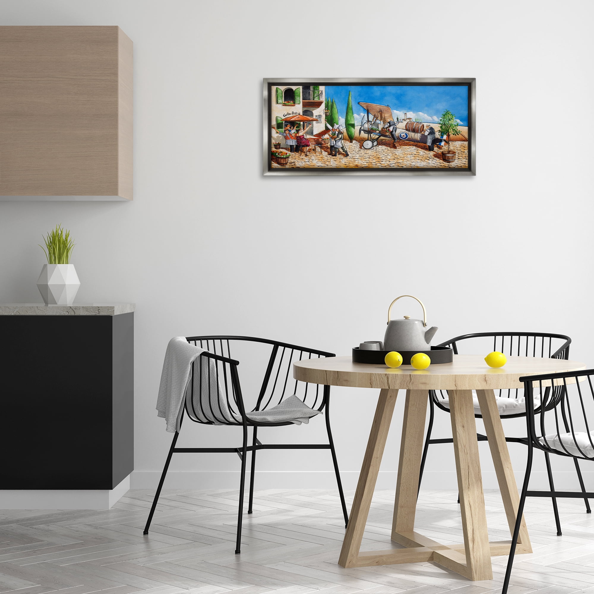 Stupell Industries Café & Airplane Scene Scenery Painting Gray Floater Framed Art Print Wall Art, 31 x 14