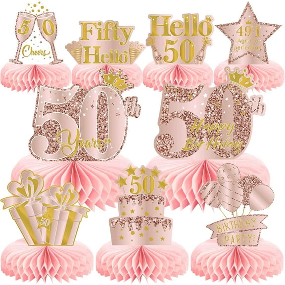 9Pcs 50th Birthday Decorations Pink Rose Gold Honeycomb Centerpieces for Women,Happy 50th Birthday Table Centerpieces Party Supplies,Fifty Year Old Birthday Table Toppers Decor