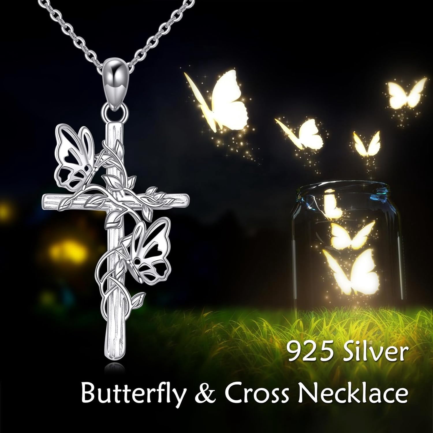 Cross Necklace 925 Sterling Silver Turquoise/Mustard Seed/Butterfly/Mushroom/Holy Spirit/Star of David Necklace Jewelry Gifts for Women