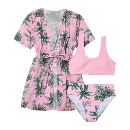 EnJoCho Trendy Floral Print Bikini Set For Older Girls Middle Children Girls Swimsuit Sports Coconut Tree Print Bikini Cover Up Swimsuit Briefs Girls Swimsuit Sets