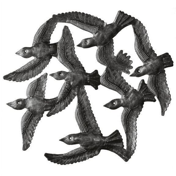 Haitian Recycled Steel Oil Drum, Metal Hanging Wall Art, 15" Flock of Birds