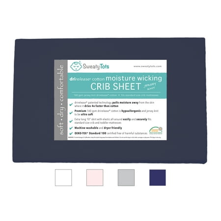 (Navy Blue) Moisture Wicking Fitted Crib Sheet for Sweaty, Leaky, Drooly Sleepers - Jersey Knit, Fits Standard Crib and Toddler Mattresses, Features Patented Drirelease(R) Moisture Wicking