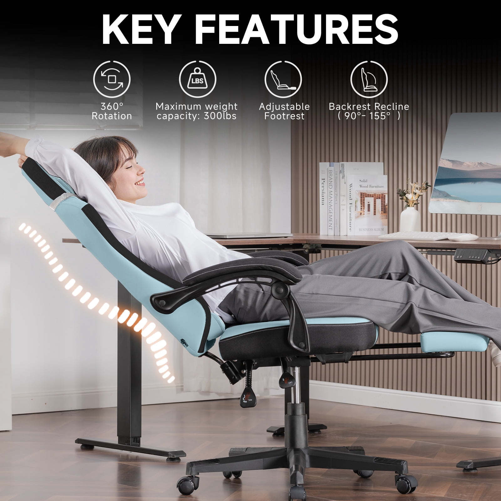 GTPLAYER Gaming Chair, Fabric Ergonomic Office Chair with Footrest and Lumbar Suppor for Adult, Lightblue