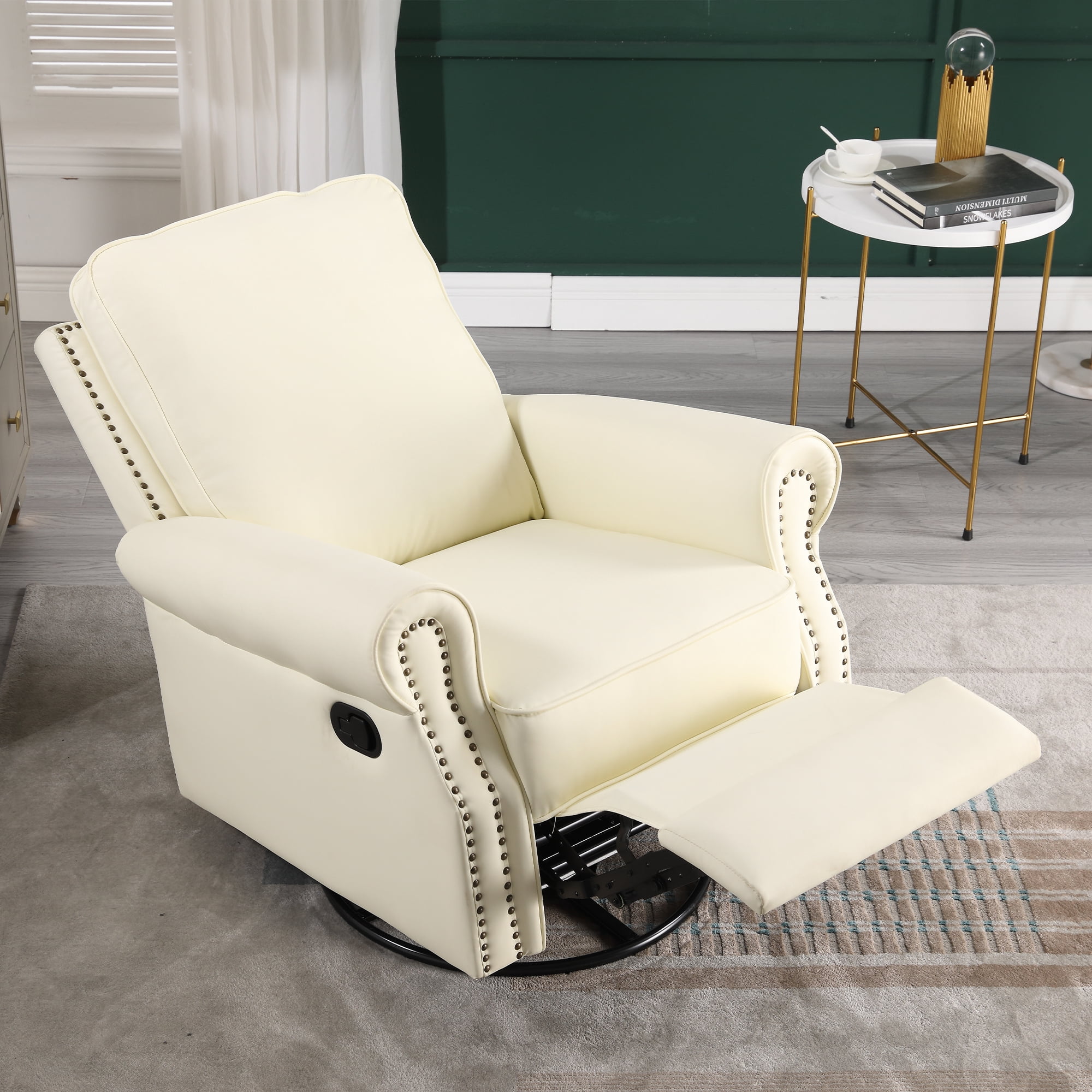Dinosisco Swivel Rocker Recliner, Upholstered Glider Rocking Chair, Beige Faux Leather