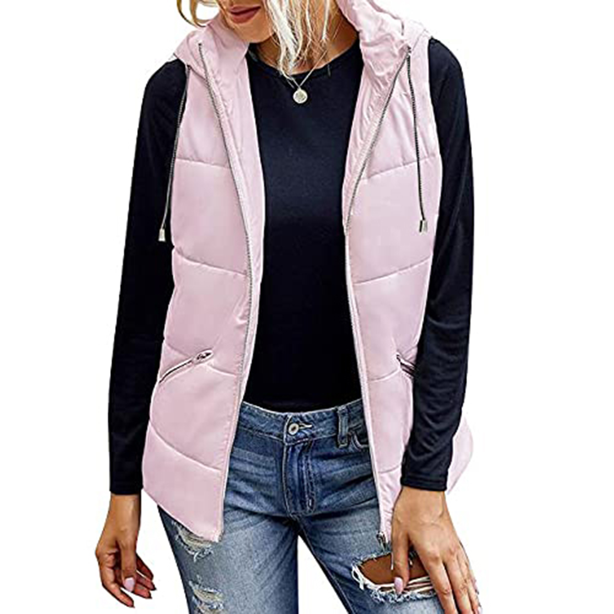 Gemijacka Women's Lightweight Zip Up Hooded Vest Sleeveless Quilted