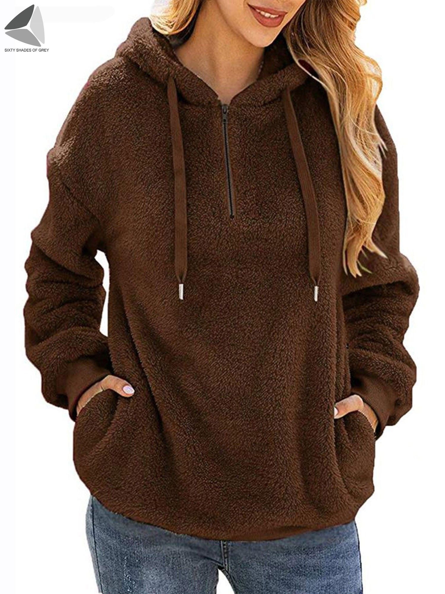 Sixtyshades Womens Fuzzy Fleece Hoodie Sweatshirt Oversized Zip Up ...